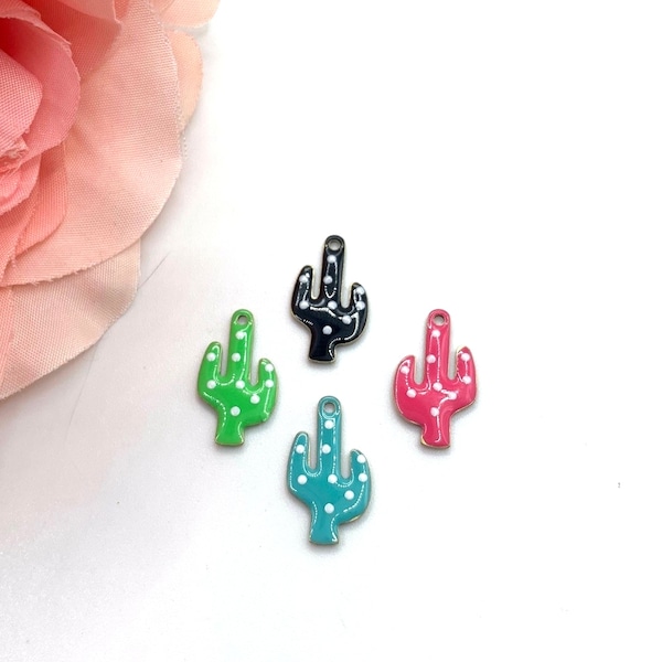 2 Breloques Emaillées Sequins Cactus, Multicolore Pois Blancs , 16*9 mm