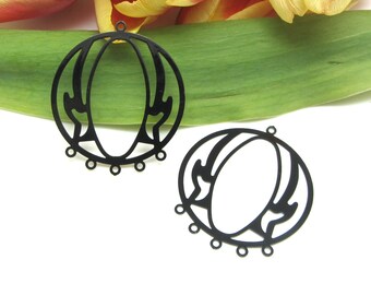 2 Round Black Art Deco Style Connectors 5 Rings, 31*33 mm