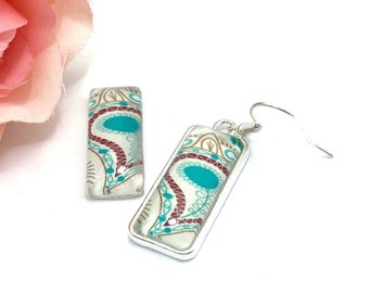 1 Cabochon Glass Rectangle Paisley pattern ecru and blue 25*10 mm