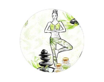 2 Cabochons en Verre Rond, Yoga, Posture, Galet, Bien Etre