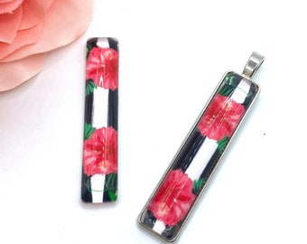 1 Cabochon Rectangle Glass Hibiscus pink black and white 50*10 mm