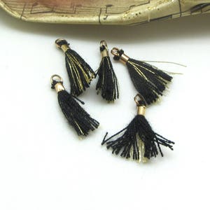 2 Mini Black Textile Pompoms with Golden Filaments and Golden Fastener, 1.8 cm