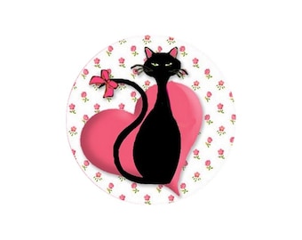 2 Cabochons en Verre  Rond Chat Elegant Rose