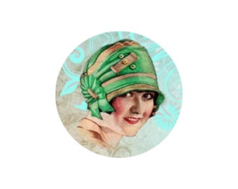 1 Cabochon en Verre  Rond Femme Retro Visage, Vert