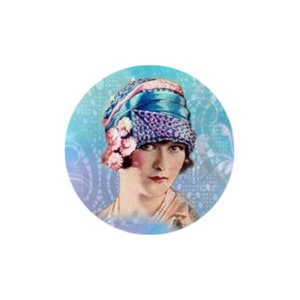 2 Cabochons en Verre Ronds Femme Retro Visage, Bleu