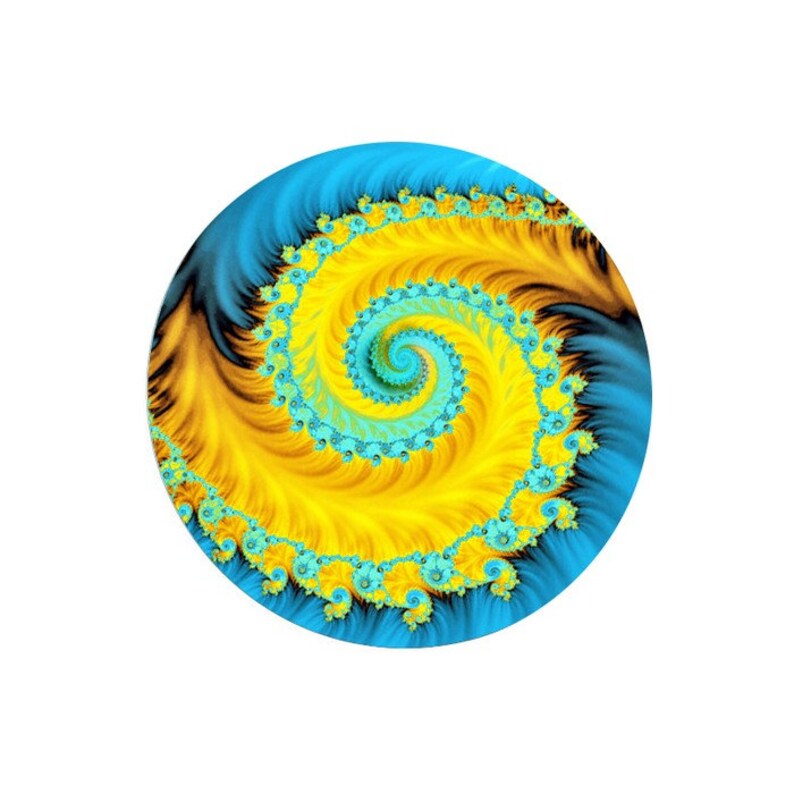 2 Spiral Round Glass Cabochons, Fractale, Yellow, Blue image 1