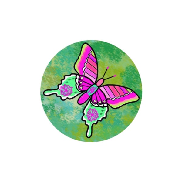 2 Cabochons en Verre Rond,  Papillon Pop Vert et Rose, Printemps