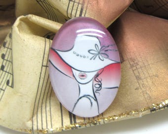 2 Cabochons Oval 18*13 mm Glass Woman Hat Purple and Pink