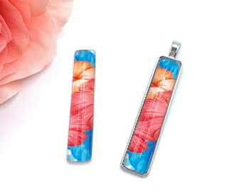 1 Cabochon Verre Rectangle Hibiscus bleu et Rose 50*10 mm