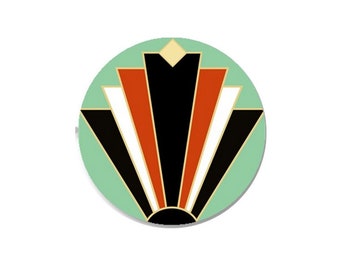 1 Cabochon In Round Glass Art Deco Black, Orange, Green