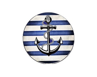 2 Round Glass Cabochons, Marine Spirit, Marine Anchor, Blue White Stripes