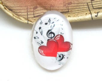 2 cabochons 18 mm glass oval hearts red music 1-18 * 13 mm