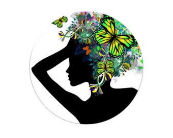 1 Cabochon en Verre Rond Profil noir, Tête Femme avec Fleurs et Papillons Vert Multicolore