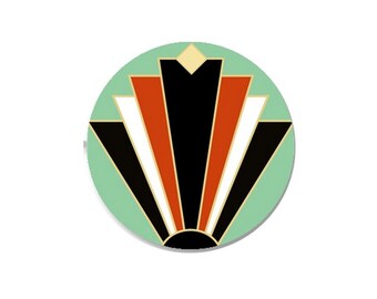 2 Cabochons en Verre  Rond Art Deco Noir, Orange, Vert