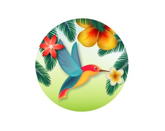 1 Cabochon en Verre Rond,  Tropique Colibri, Oiseau Tropical