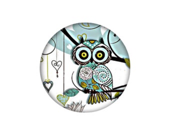 2 Cabochons Round Glass Owl Blue and White