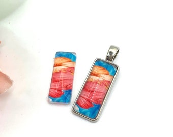 1 Cabochon Verre Rectangle Hibiscus bleu et Rose 25*10 mm