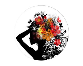 1 Cabochon in Glass Round Black Profile, Head Woman with Flowers and Butterflies Orange Multicolor