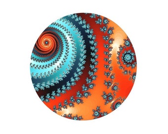 1 Cabochon en Verre  Rond Spirale, Fractale, Orange, Bleu