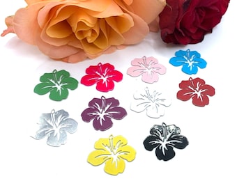 4 Multicolored Hibiscus Flower Metal Charms, 20 mm.
