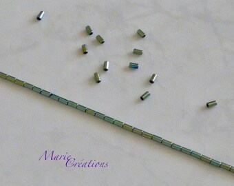 1 Strand / Hematite Tube Beads 4X 2 mm Color Blue / Metallic Green