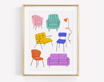 Chair Art Print, Colorful Chair Artwork, Midcentury Chair Wall Art, Modern Chairs, 8x10, 11x14
