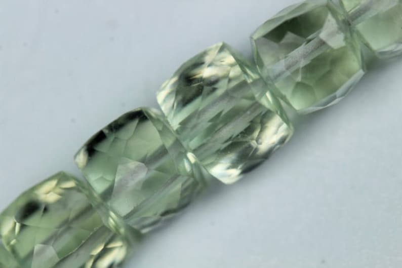 T 64 8 inch long strand faceted Green Amethyst Cube Beads 5 x 5 5 x 5.5 mm approx