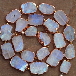 10 pieces smooth raw copper plated electroplating rainbow MOONSTONE  rough beads 9 x 12 -- 14 x 18 mm approx..