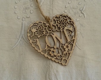 Embellishment / wooden heart to decorate or paint / wood worked and cut / inscription "love"