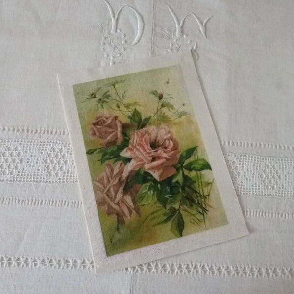 Vignette de tissu shabby chic et romantique à coudre ou coller / motif roses anciennes / patch de tissu fleuri