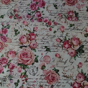 Coupon larg 54 X haut 50 cm / tissu rose ancienne shabby chic / tissu petites roses anciennes / tissu rose romantique / tissu carte postale