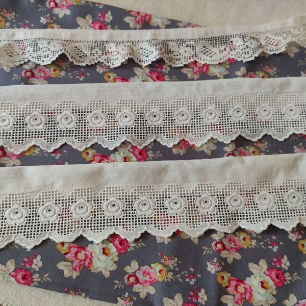 Antique white cotton lace / 3 lengths of vintage lace / embroidered antique lace / old French linen