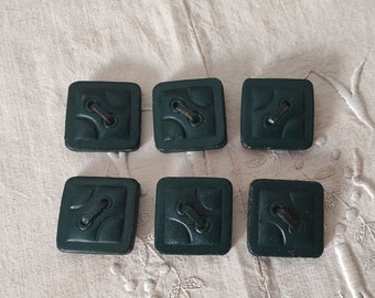 Lot de 6 boutons en cuir vintage / boutons des années 1970 / boutons carrés vintage en cuir vert foncé