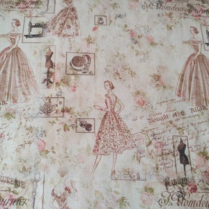 Coupon larg 55 X haut 46 cm / coupon de tissu rétro / tissu patchwork / tissu femme rétro années 1900