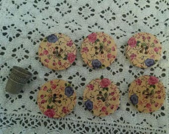 6-Pack floral buttons Shabby Chic/30mm painted wood/pink button pattern