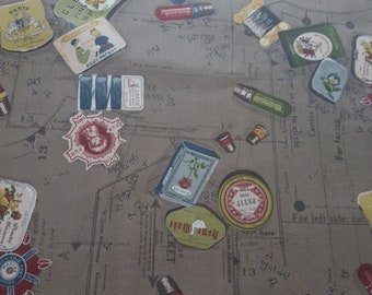 Coupon width 53 X height 50 cm / "thimbles, pin boxes" patterns / vintage fabric / patchwork fabric / retro fabric