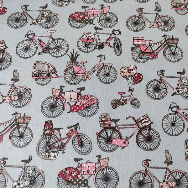 Coupon de tissu imprimé larg 52 X haut 50 cm / motifs "vélos et bicyclettes" / tissu patchwork / tissu esprit vintage