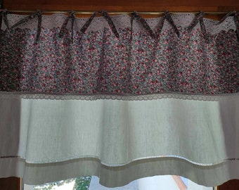 Rideau vintage brise bise / rideau drap ancien et tissu esprit liberty / rideau ancien / rideau dentelle et tissu fleuri