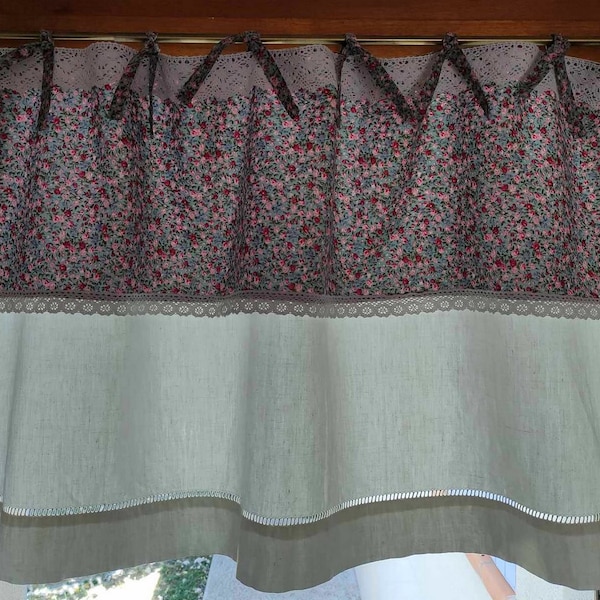 Rideau vintage brise bise / rideau drap ancien et tissu esprit liberty / rideau ancien / rideau dentelle et tissu fleuri