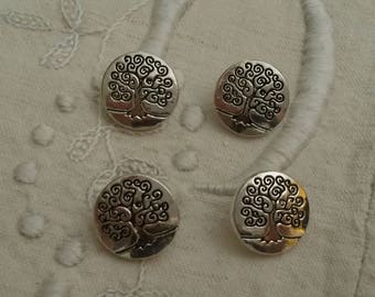 Lot de 4 boutons ronds en métal / couleur argent / boutons motif "arbre de vie"
