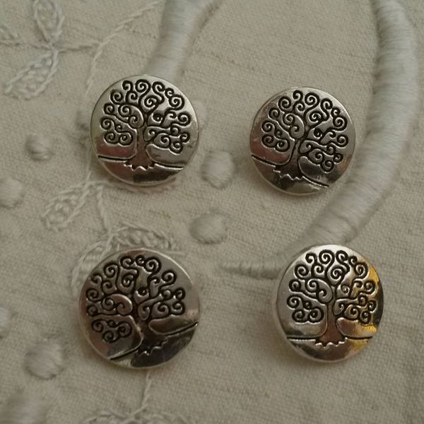 Lot de 4 boutons ronds en métal / couleur argent / boutons motif "arbre de vie"