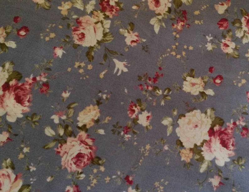 Cut of fabric 45 X 50 cm shabby chic and romantic blue background patterns old rose floral fabric