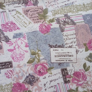 Coupon de tissu rétro larg 48 X haut 83 cm / "roses et carte postale ancienne des années 1900" / tissu shabby chic et romantique