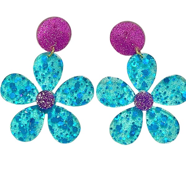 Retro Glitter Glam Flower Power Blue and Pink Earrings 60s 70s Sparkle Mermaid Fairy Aesthetic