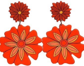 70s Orange You Glad Flower Bloom Earrings Retro Hippie 60s Vintage Colorful Funky Boho Style