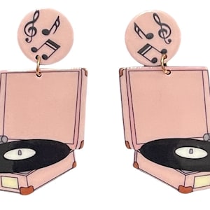 Retro Pink Record Turntable Earrings Music Vinyl Gift 60s and 70s Hippie Boho Music Lover Gift Vintage Style
