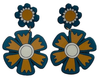 70s Chunky Flower Earrings Olive and Turquoise Blue 60s Hippie Boho Forest Vintage Retro Mod Aesthetic
