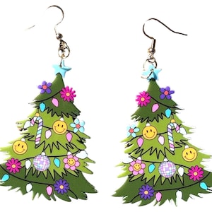 Retro Hippie Christmas Tree Flower Disco Holiday Festive Retro Winter Gift Earrings