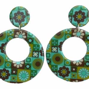 Green & Blue 70s Chunky Flower Hoop Earrings Retro Hippie Boho 60s Mod