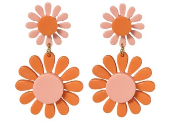 60s Blush Pink and Orange Flower Power Mod Earrings Groovy Girl